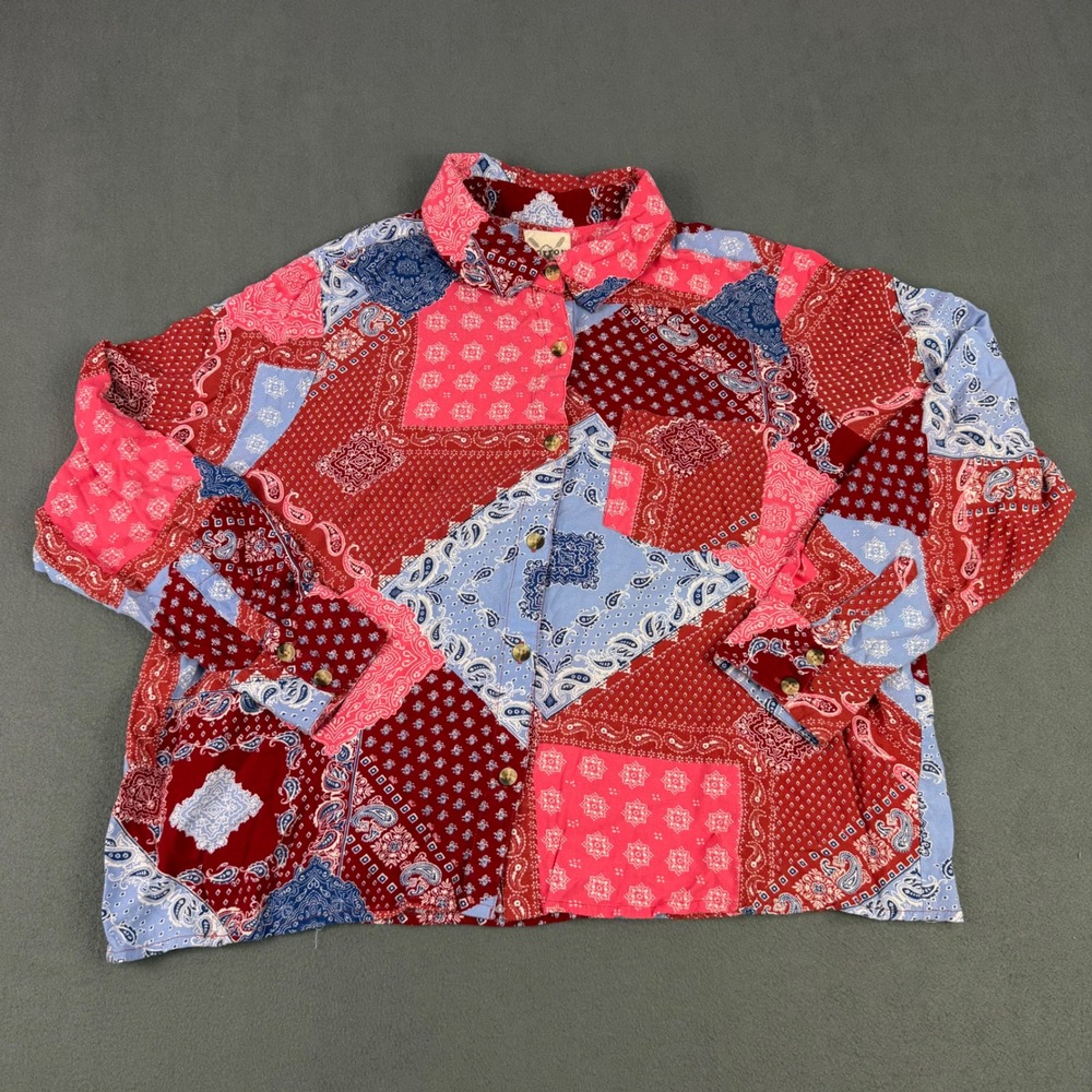 Cotton & Rye Outfitters Patchwork Bandana Print Rayon Button Up Shirt XL Red